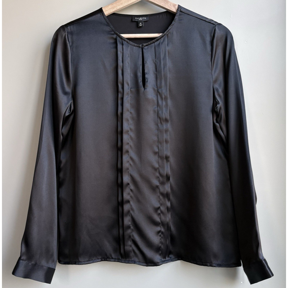 TALBOTS 6 Petite 100% Silk Black Blouse Long Sleeve Pleated‎ Front Keyhole Chest